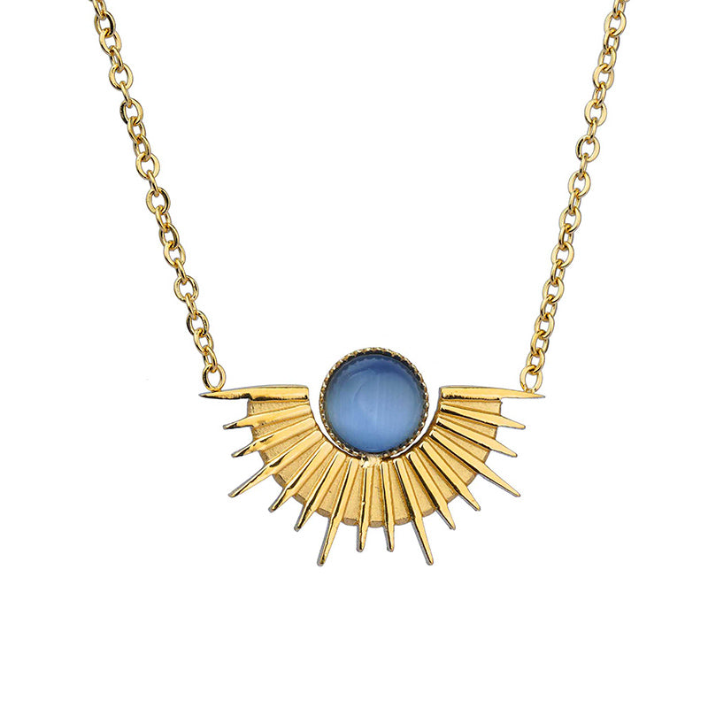 Aura Sunray Pendant Necklace, Blue on white background