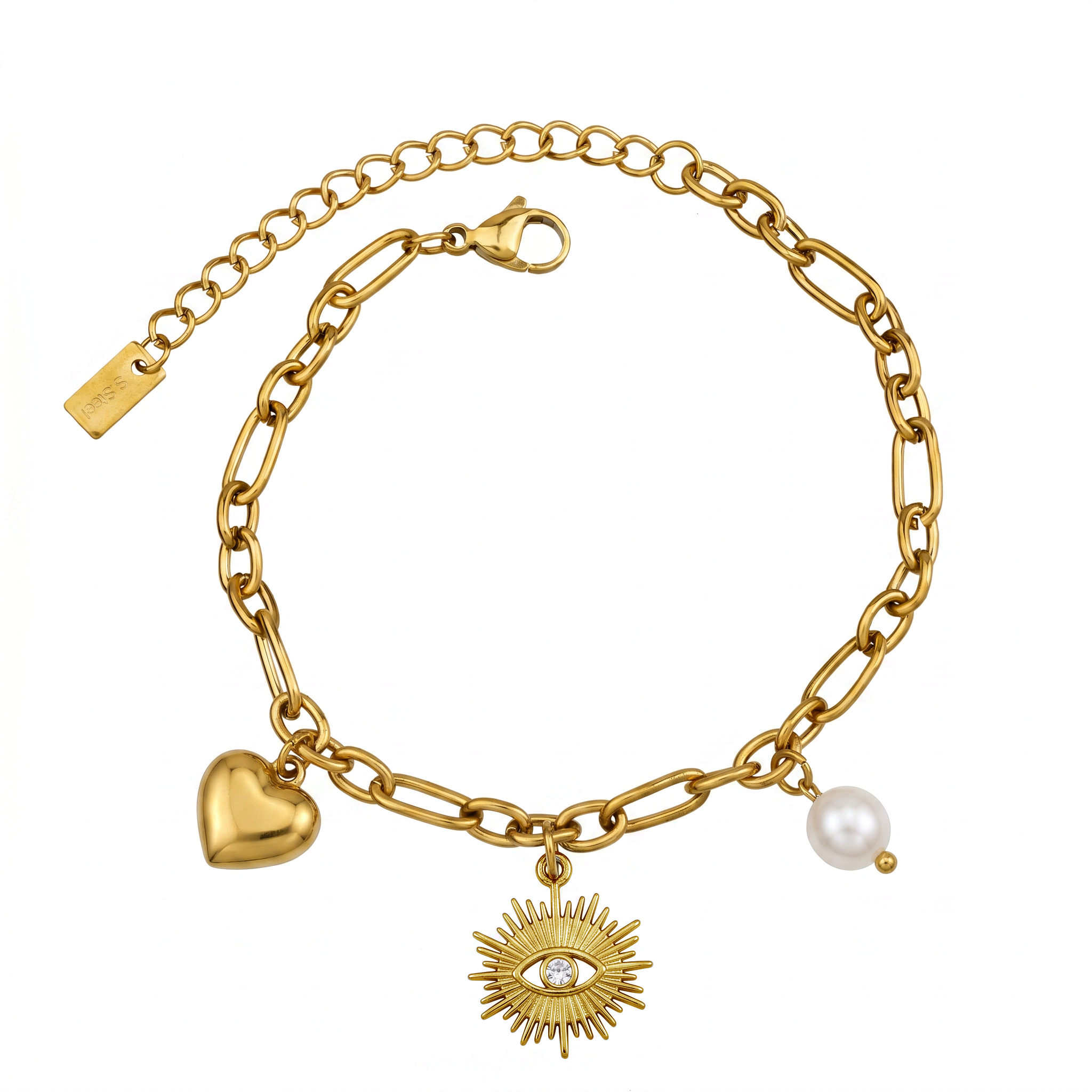 Aura Heart, Sun & Pearl Charm Bracelet on white background