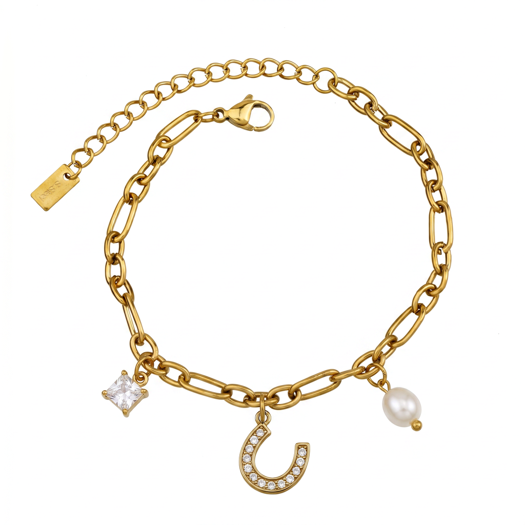 Horseshoe & Pearl Charm Bracelet