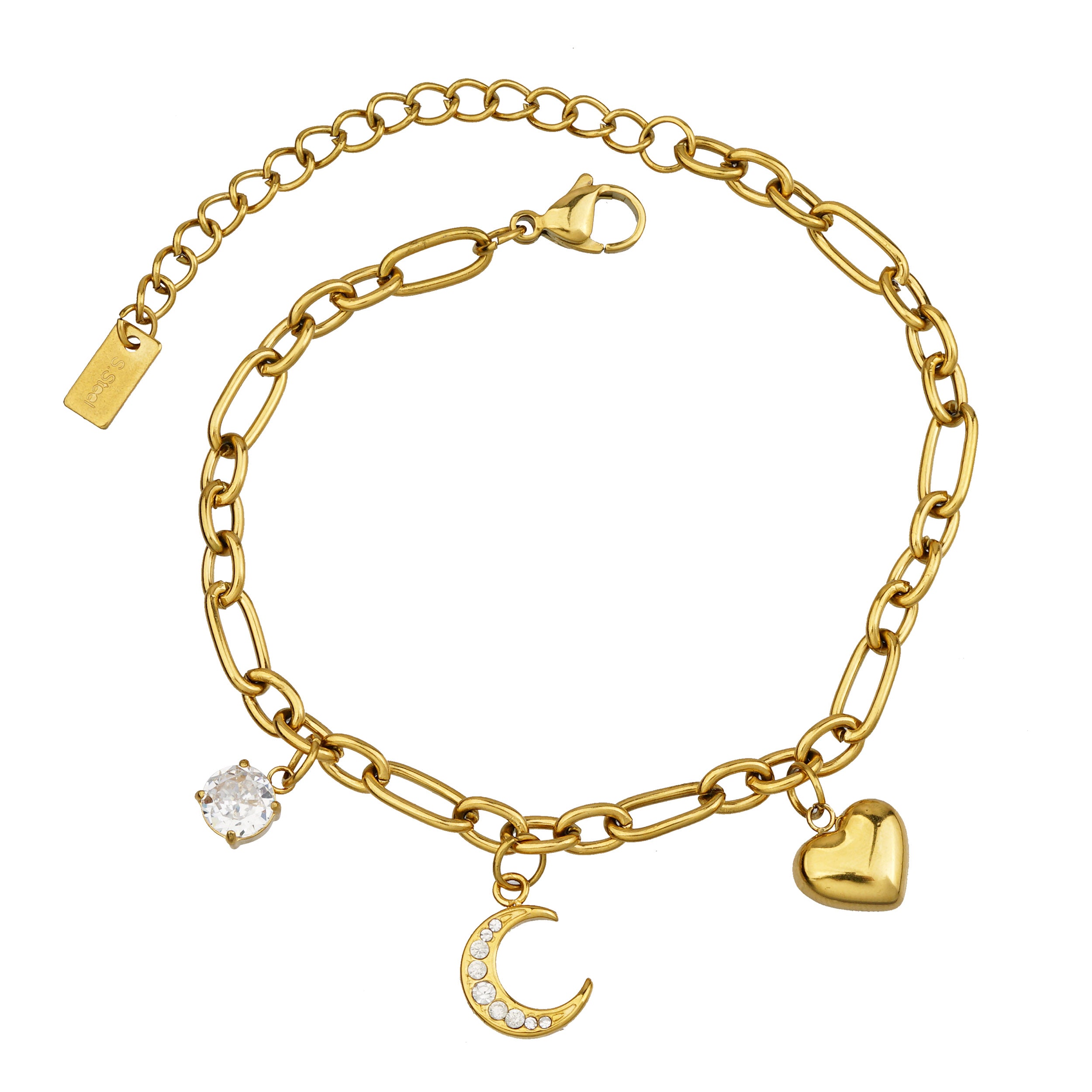 Aura Moon & Heart Charm Bracelet on white background