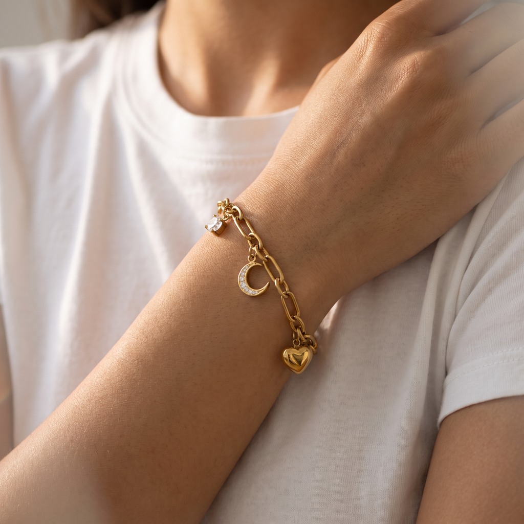 Moon & Heart Charm Bracelet