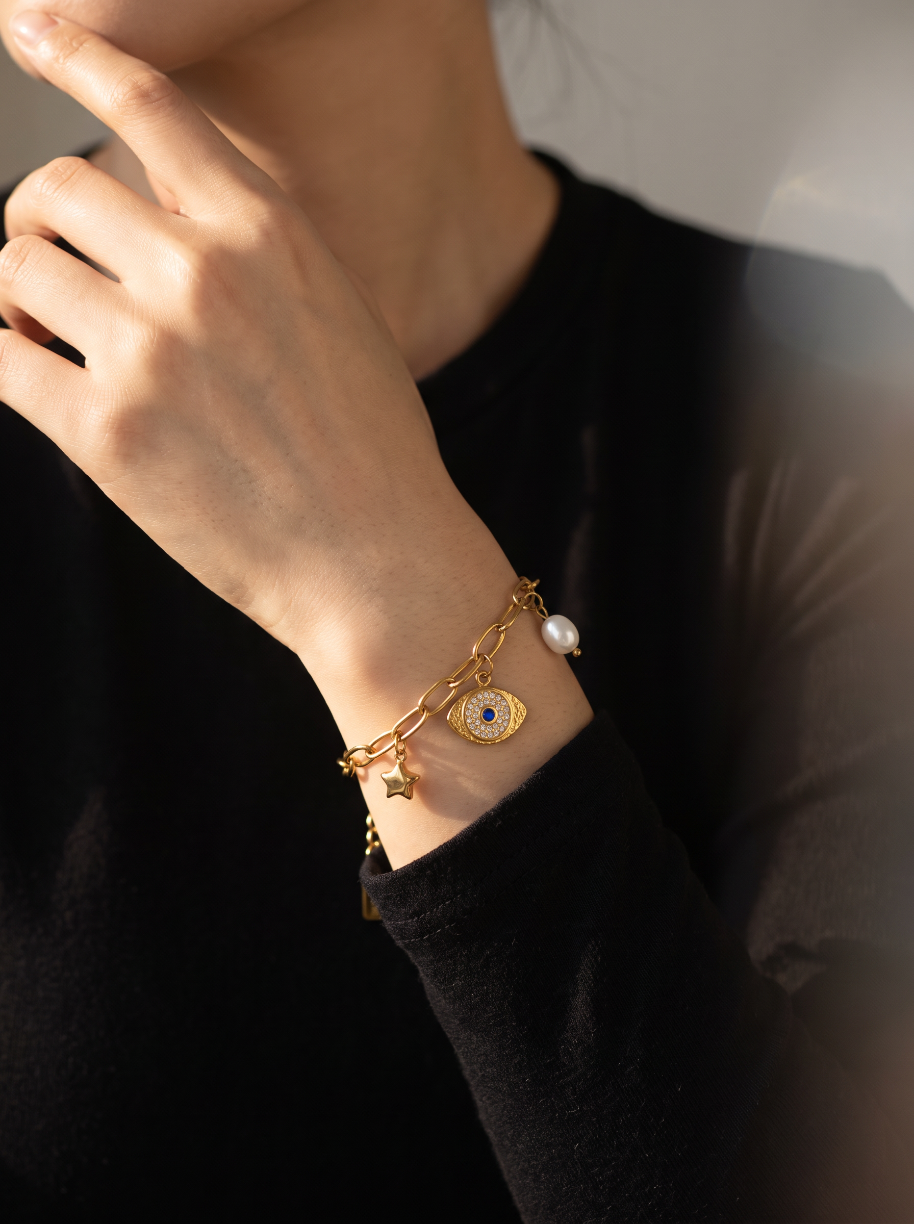 Evil Eye & Pearl Charm Bracelet